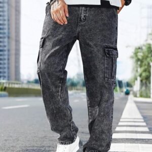 Durable denim fabric in black stone wash finish